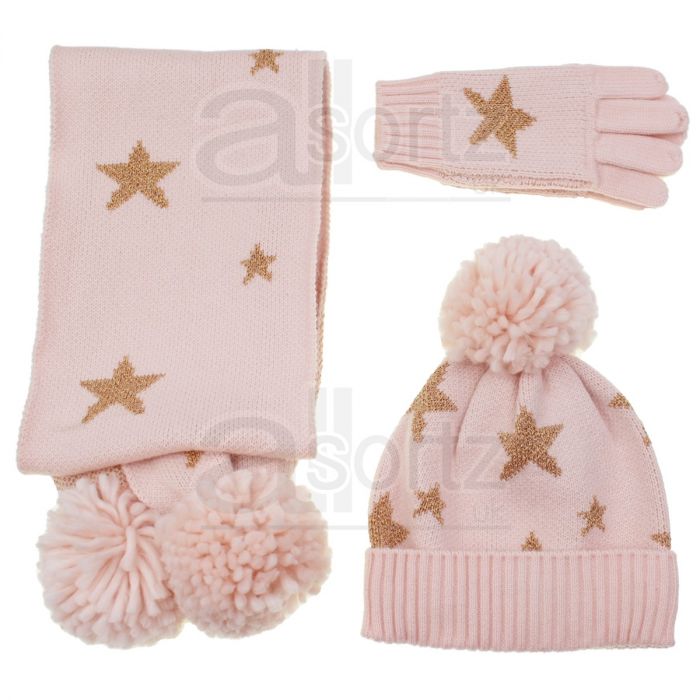 Girls 3Piece Pink Pom Pom Hat Scarf & Gloves Set