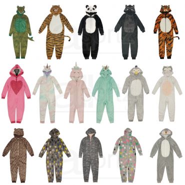 Childrens Fleece Hooded All In One Animal Pyjama Sleepsuits	