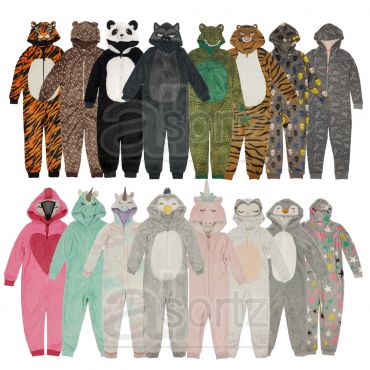 Childrens Fleece Hooded All In One Animal Pyjama Sleepsuits	