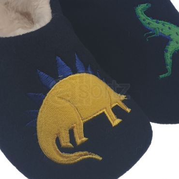 Childrens Blue Slippers with Dinosaur Felt & Embroidery