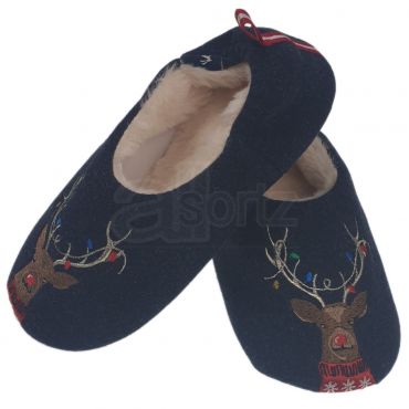 Childrens Blue Slippers with Reindeer Embroidery