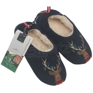 Childrens Blue Slippers with Reindeer Embroidery