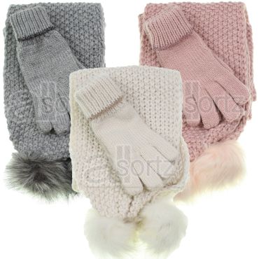 Girls 2-Piece Pom Pom Scarf & Gloves Set	