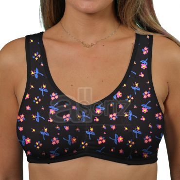 Ladies Gemm Black Floral Print Soft Cotton Pull On Stretch Bra