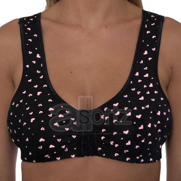Ladies Gemm Black With Pink Heart Print Cotton Rich Front Fastening Bra