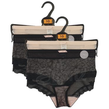 Ladies 4 Pack of Black & Pink Lace Briefs Knickers