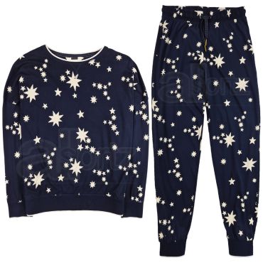 Ladies Navy Star Print Cotton Pyjamas