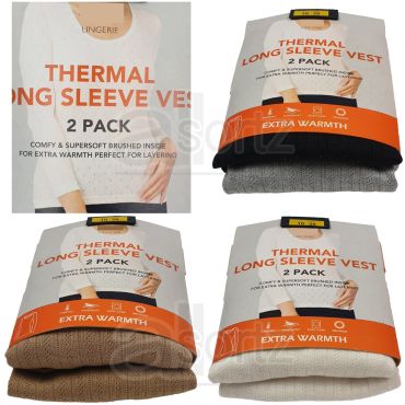 Ladies 2 Pack Black Thermal Long Sleeved Vest Tops
