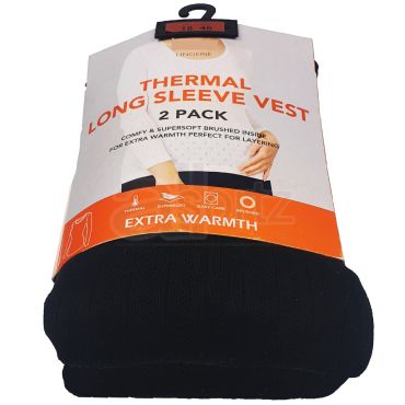Ladies 2 Pack Black Thermal Long Sleeved Vest Tops