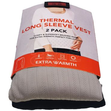Ladies 2 Pack Cream & Black Thermal Long Sleeved Vest Tops