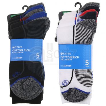 Mens 5 Pairs Active Cotton Rich Full Length Sports Socks