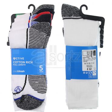 Mens 5 Pairs Active Cotton Rich Full Length Sports Socks