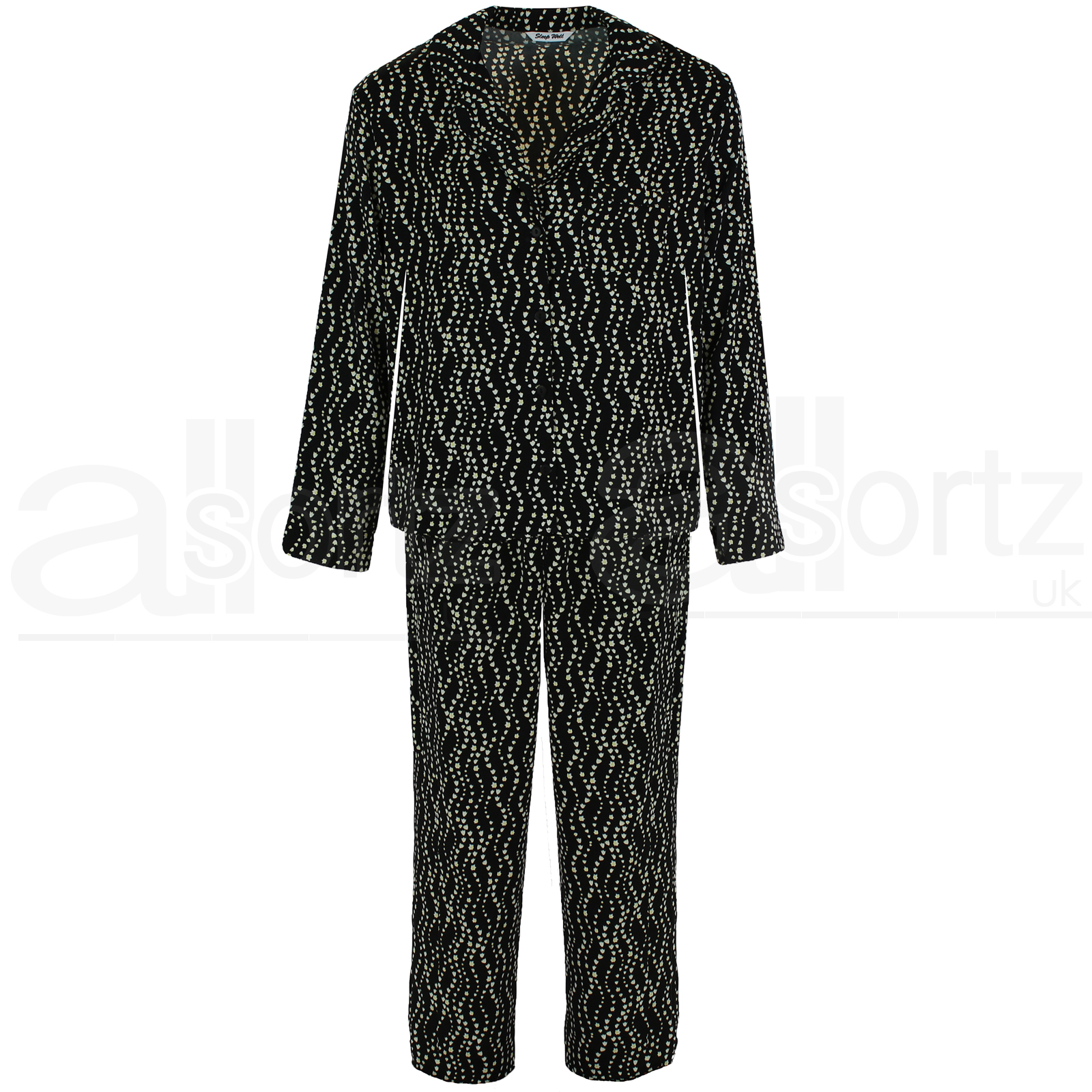 Ladies Black Ditsy Print Long Sleeve Pyjama Set Pyjamas ex M S